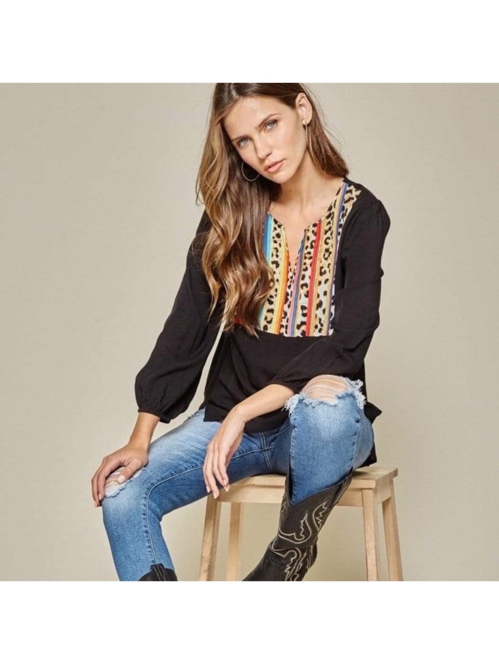 Savanna Jane Leopard Stripe Serape Embroidered Top Large